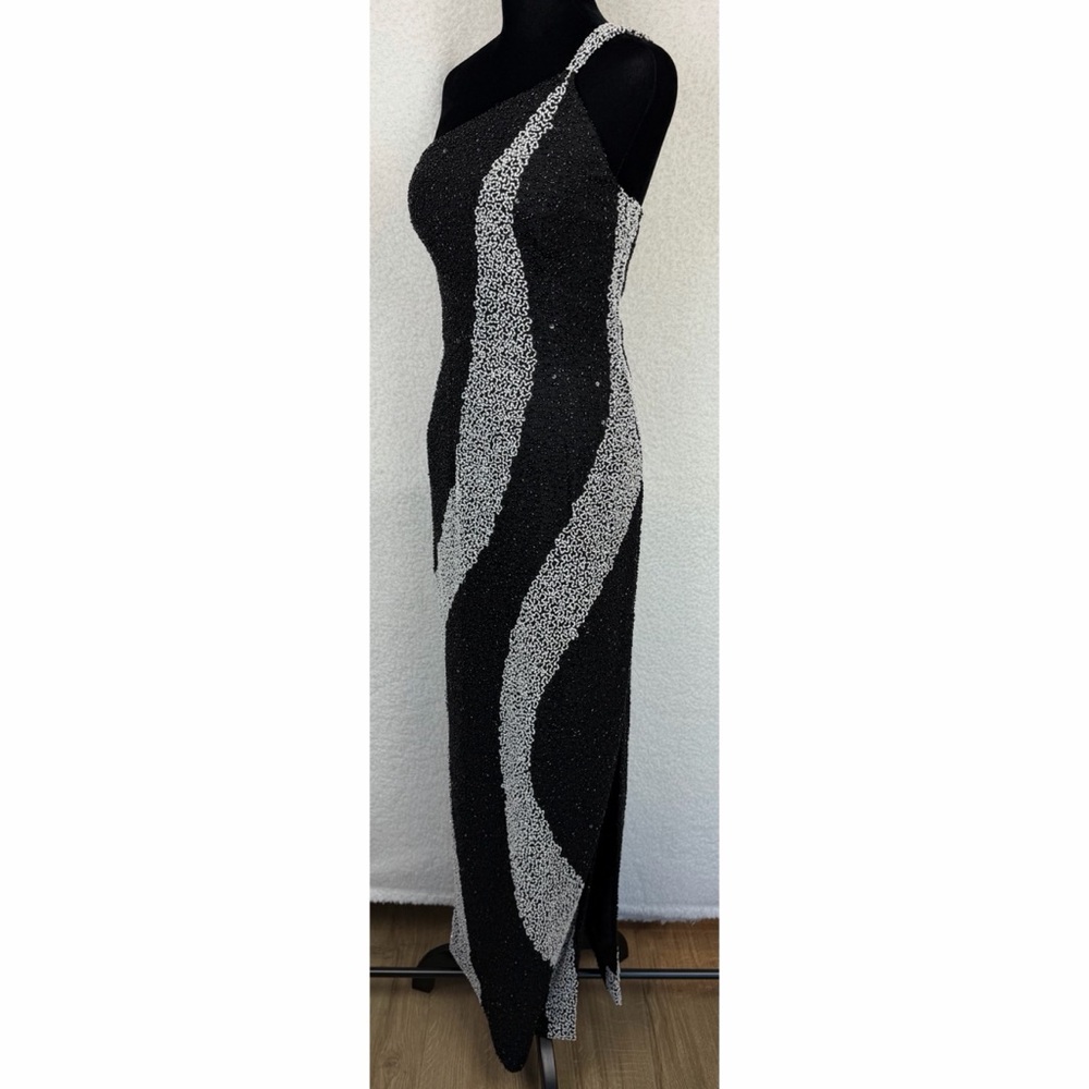 (VTG) SCALA • Black/White One-Shoulder Beaded Formal Maxi Gown w/ Side Slit, S - Picture 5 of 15
